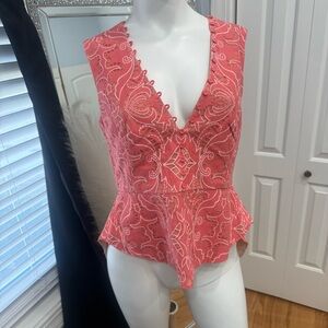 BCBGMaxAzria Coral Embroidered Peplum V-Neck Top